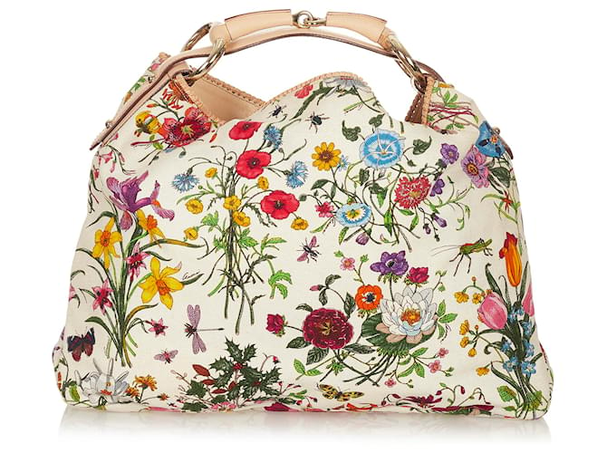 Gucci White Flora Horsebit Hobo Canvas Handbag Cloth Cloth ref