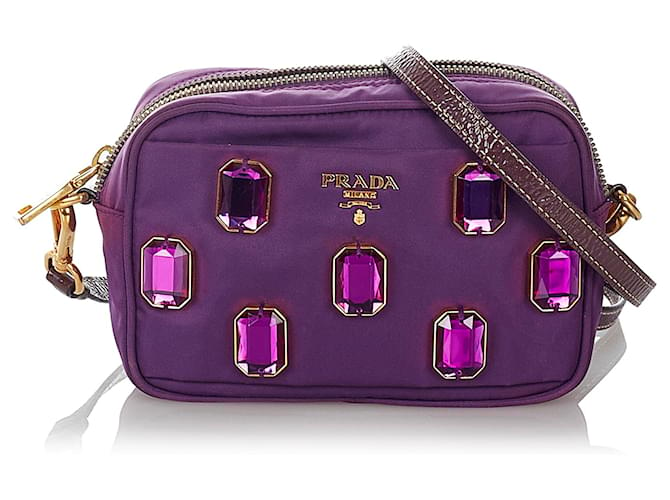Prada Embellished Purple Nylon Clutch Added Strap Shoulder Bag