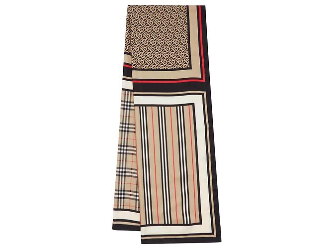Sciarpa in seta con Monogramma, righe iconiche e check Burberry