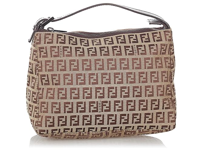Fendi Brown Zucchino Canvas Handbag Beige Dark brown Leather Cloth Pony-style calfskin Cloth  ref.428206