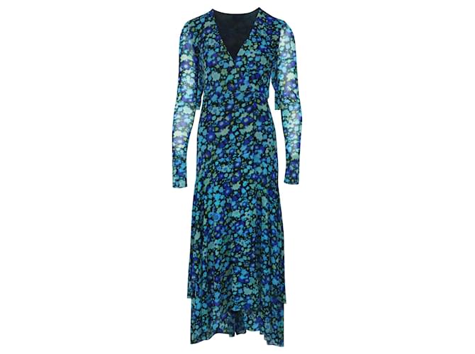 Ganni Floral Print Mesh Wrap Dress in Blue Polyamide Nylon  ref.428417