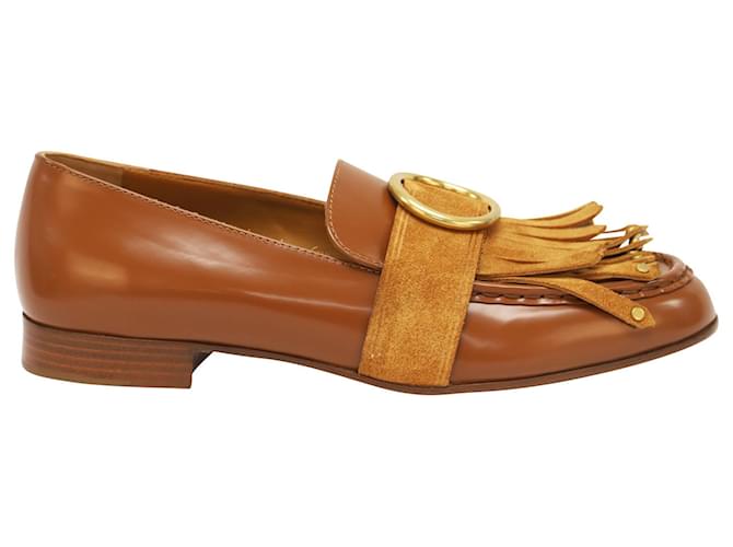 Chloé Olly Fringed Loafer in Brown Leather Beige  ref.428443