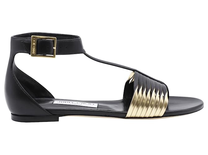Jimmy Choo Ladle Flat Sandals in Black and Gold Leather  ref.428445