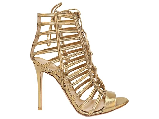 Gianvito Rossi Caged Lace-up Sandals in Gold Leather Golden Metallic  ref.428524