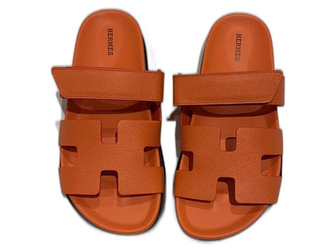 Chinelos Hermes Casal Laranja Pele De Bezerro Moda Casual Sapatos Femininos  - Escorrega o Preço