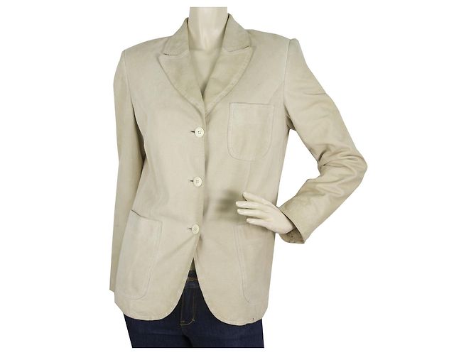 Miu Miu Beige Suede Leather Classic Three Buttons Jacket size 42