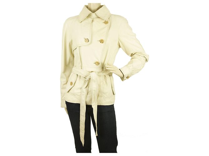 Patrizia Pepe Off White Ecru Belted lined Breasted Leather Jacket size It 46