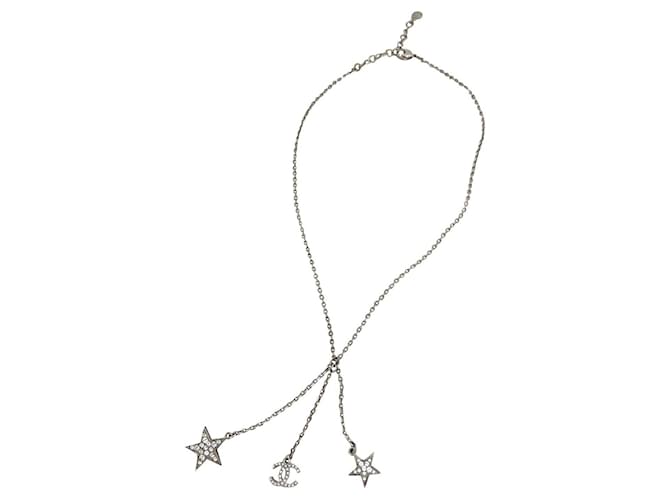 Excelente colar de estrela Chanel CC com strass Prata Metal  ref.428555