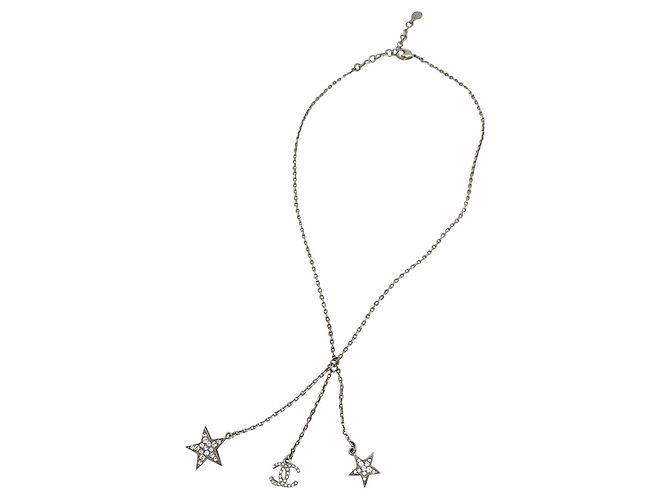 Excelente colar de estrela Chanel CC com strass Prata