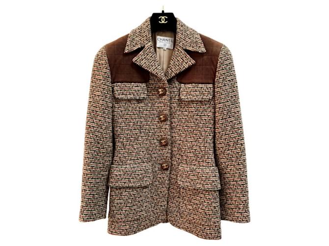 Chanel Vintage Tweed Suede Jacket 40 Brown ref.428944 - Joli Closet
