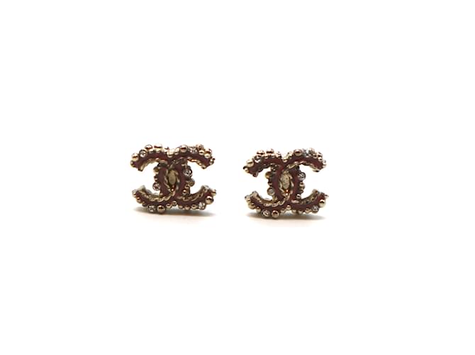 Chanel Gold Crystals CC Enamel Stud Earrings Golden Metal  ref.429242