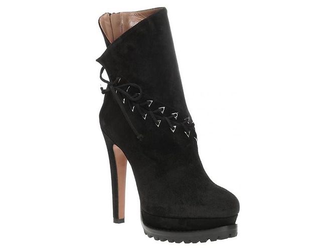 NWT Azzedine Alaïa Shearling-Lined Lace-Up Suede Platform Ankle Boots 39.5 Black