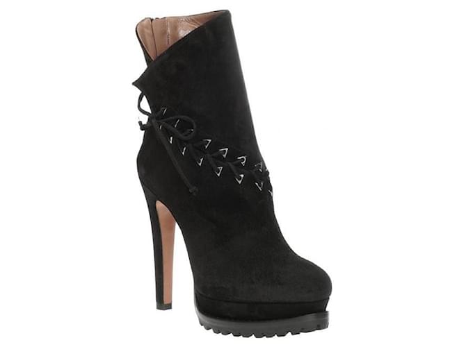 NWT Azzedine Alaïa Shearling-Lined Lace-Up Suede Platform Ankle Boots 39.5 Black  ref.429515