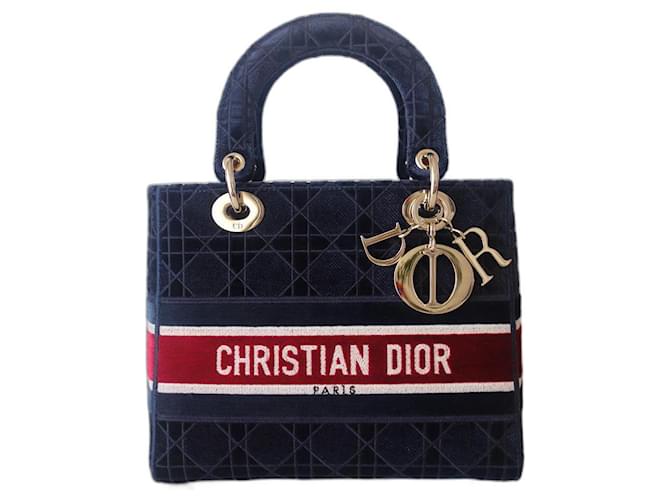 Lady Dior Dior Lady D-Lite mittlere Tasche Blau Samt Leinwand  ref.429719