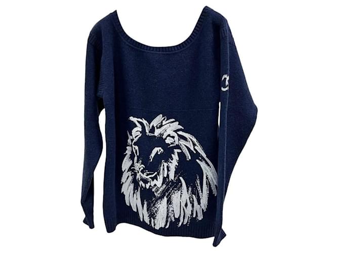 CHANEL blue cashmere Lion Print Sweater  ref.429892