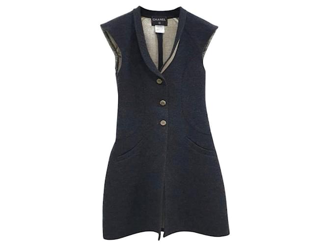 Chanel Gray Gold Sleeveless Vest Overcoat Dress Dark grey Wool  ref.429905
