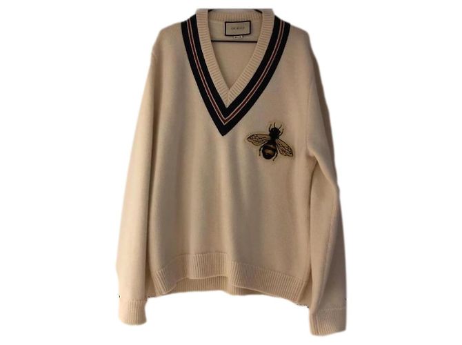 Gucci V-Ausschnitt Wollpullover crem mit Bienen-Applikation Roh