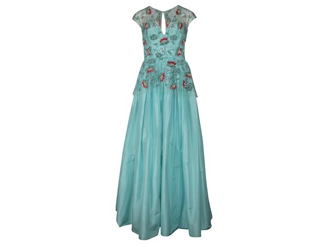 Autre Marque Naeem Khan Lace Top Beaded Ball Gown in Teal Silk Green  ref.430382