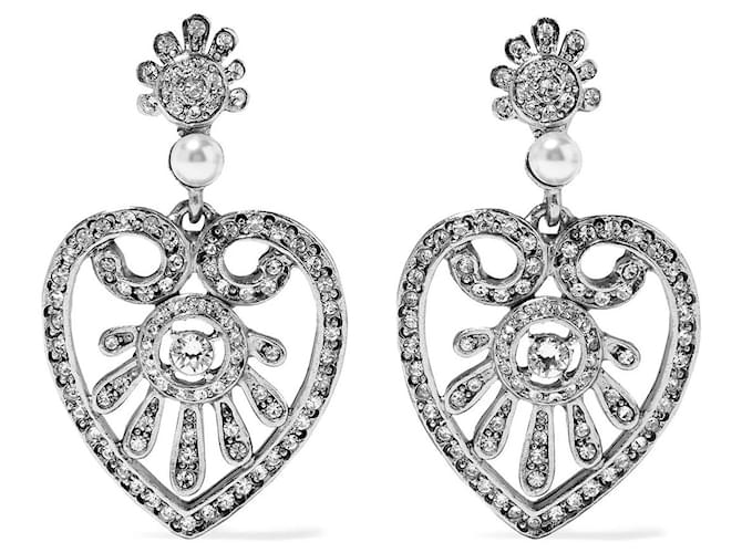 Pendientes de corazón de perlas blancas de imitación de plata adornadas firmadas por Oscar De La Renta Metal  ref.430435