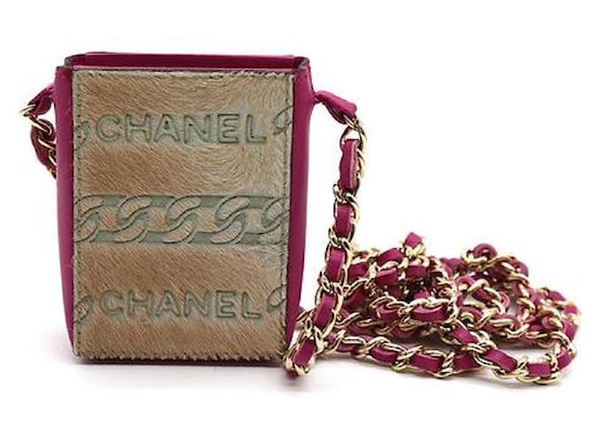 Chanel Tiny Necklace Pouch CC Logo Chain Strap Pink Beige Pony Hair and Leather Rosa Pelle  ref.432306