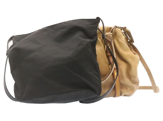 PRADA Shoulder Hand Bag 2Set Leather Nylon Beige Black Auth cr908  ref.432329