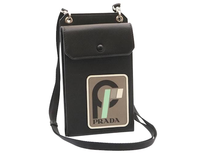 Saffiano PRADA Sac à bandoulière en cuir avec pochette pour smartphone Safiano Noir Auth ar5104  ref.432526