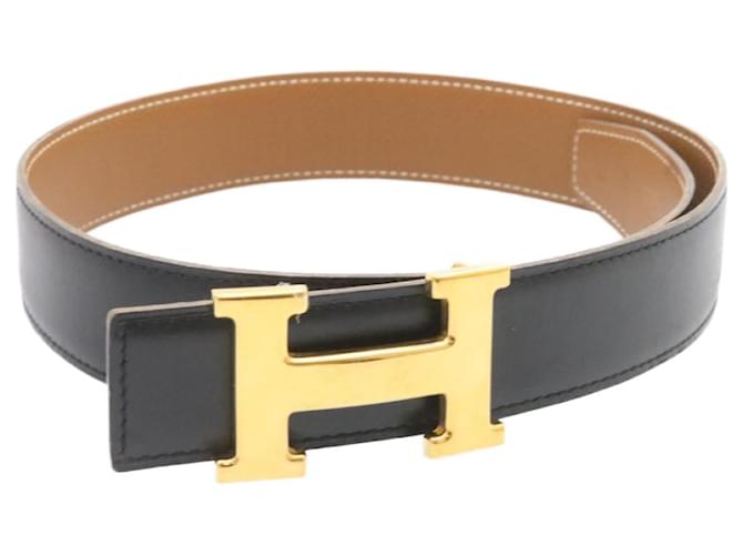Hermès HERMES Constance H hebilla Cinturón Cuero Negro Oro Auth ki1088 Dorado  ref.432702