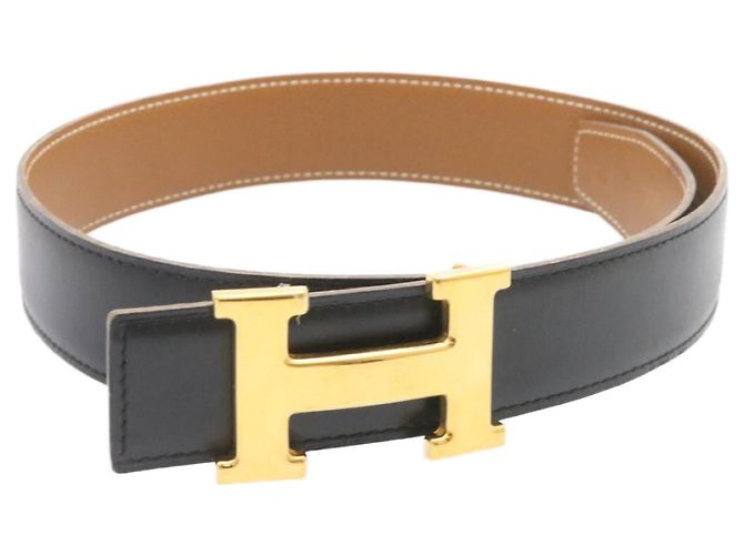 Hermès HERMES Constance H hebilla Cinturón Cuero Negro Oro Auth ki1088 Dorado