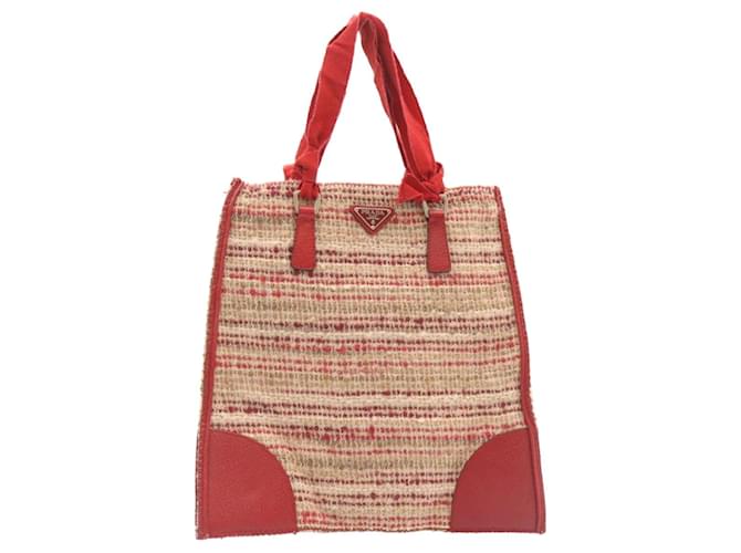 PRADA Hand Bag Canvas Leather Red Beige Auth ar4997 Cloth  ref.432791