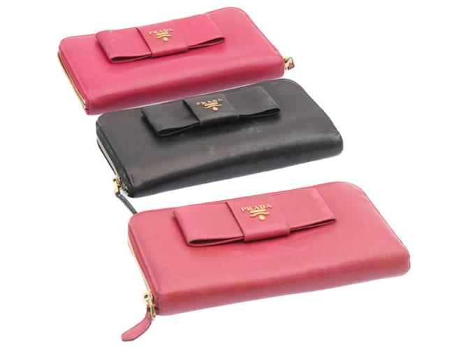 Saffiano PRADA Safiano Leather Zip Around Long Wallet 3Set Black Pink Auth ar5240  ref.432799