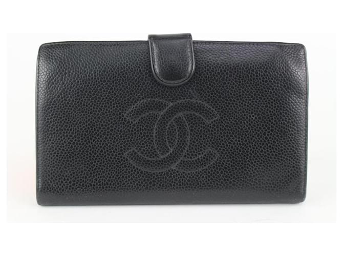 Chanel Carteira longa preta Caviar Couro CC Logo  ref.432958