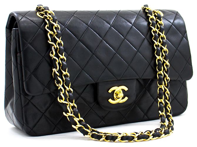 Chanel 2.55 gefütterte Flap Medium Chain Umhängetasche Schwarzes Lammfell