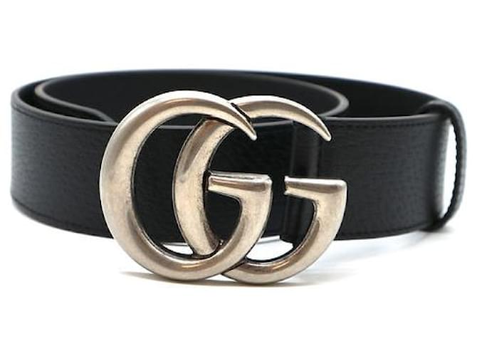 Louis Vuitton Gucc Black Marmont Silver GG Buckle Grained Belt Size 70/28 Nero Pelle  ref.434769