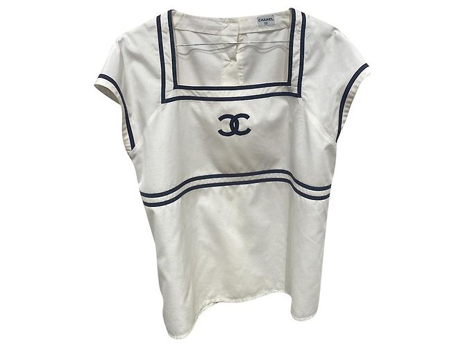 Top Chanel de algodón blanco y azul marino