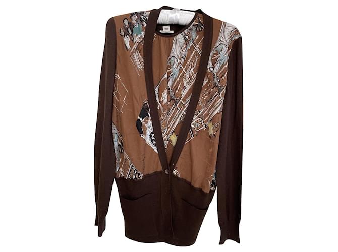 Hermès Conjunto de cárdigan y top marrón chocolate de cachemira y seda Hermes  ref.435281