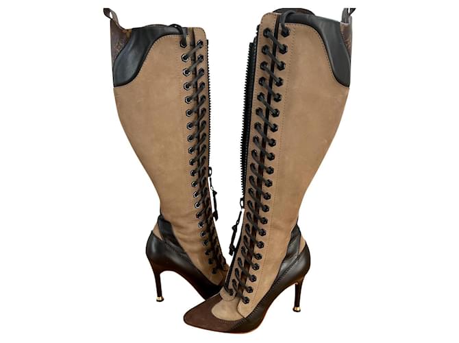 Louis Vuitton Laureate High Boots Light brown Leather Cloth ref.435385 -  Joli Closet
