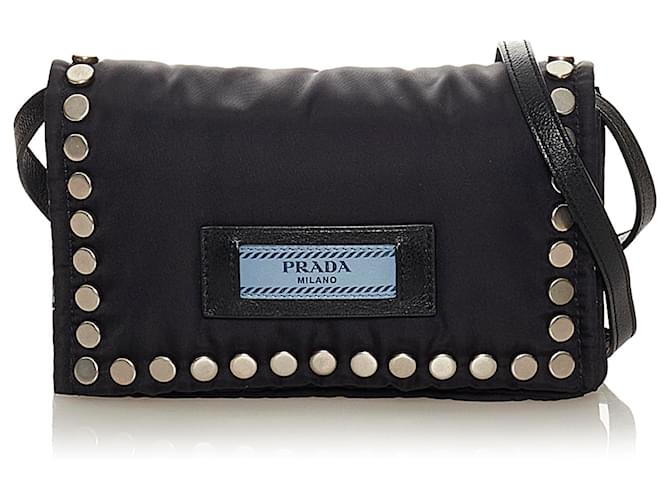 Prada Black Tessuto Etiquette Crossbody Bag Leather Pony-style calfskin Nylon Cloth  ref.435435