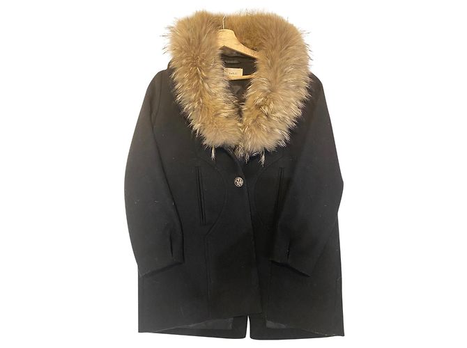 Bash Wax Coat Black Wool Fox Collar