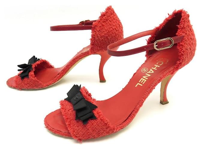 CHANEL SHOES BOW LOGO CC G27194 FLIP FLOPS 38.5 RED TWEED SHOES