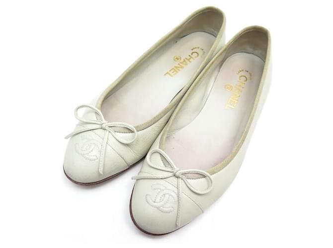 CHANEL LOGO CC G BALLERINAS SHOES02819 38.5 BEIGE LEATHER + SHOES