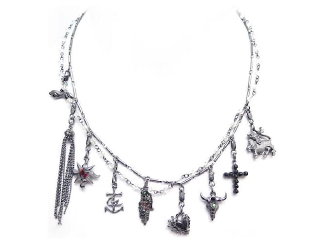 VINTAGE CHRISTIAN LACROIX CHARMS NECKLACE IN SILVER METAL CROSS HEART NECKLACE Silvery  ref.437164