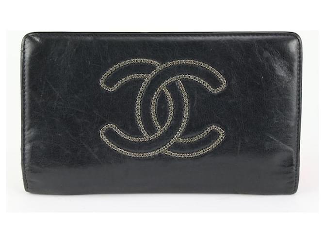 Chanel Carteira de Aba com Logo CC Preto Couro  ref.437200