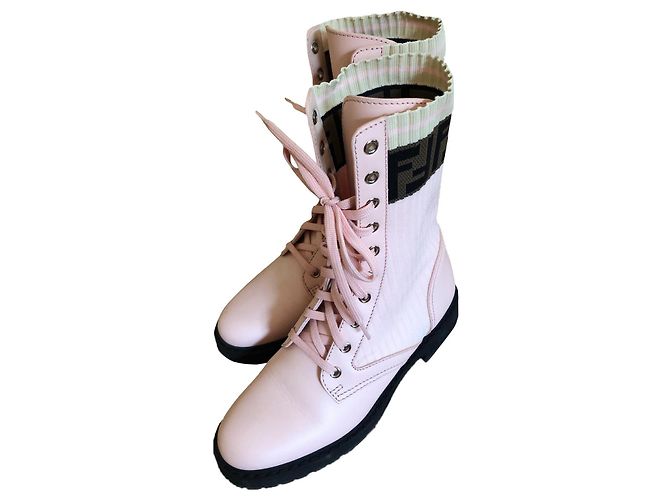 Fendi Ankle Boots Pink Leather and Canvas