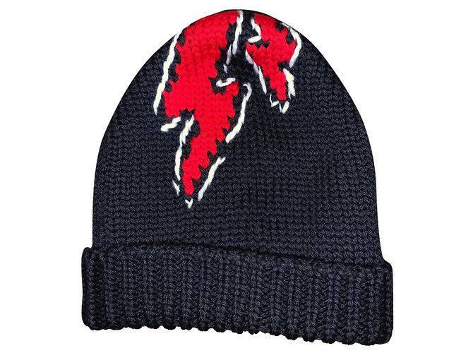 Prada Men's Black Lightning Bolt Wool Beanie