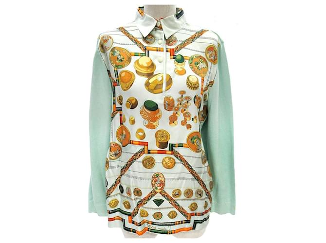 Hermès [Used] HERMES Petite main needle child silk switching knit shirt scarf pattern H logo button half button mint green gold tops blouse green gold ladies  ref.438232