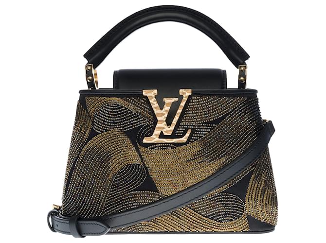 Novo - Ultra exclusivo - Louis Vuitton Capucines Mini "Cruella" bordado com pérolas pretas e douradas Preto Dourado Couro  ref.438235