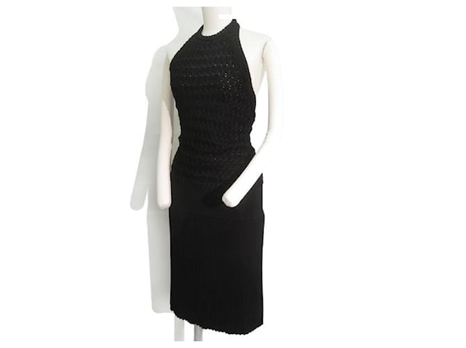 Hermès [Used] Hermes Halter Neck Back Opening Knit Switching Pleated One Piece Party Dress 38 Black Rayon  ref.438288