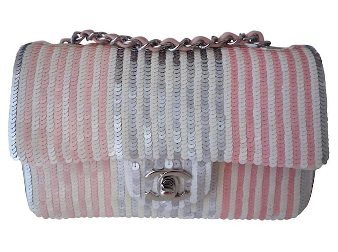 Chanel Classique Tasche kleines Modell Pink Weiß Grau  ref.438416