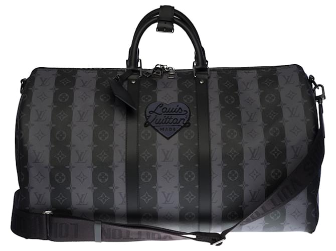 Louis Vuitton NUEVO - Edición limitada - Keepall 55 Bandolera Abloh / Nigo de lona Monogram Stripes Eclipse Gris Lienzo  ref.438467