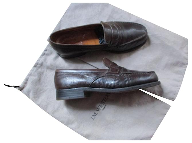 JM Weston Brown lizard loafers, Pointure 36. Dark brown Exotic leather  ref.438476